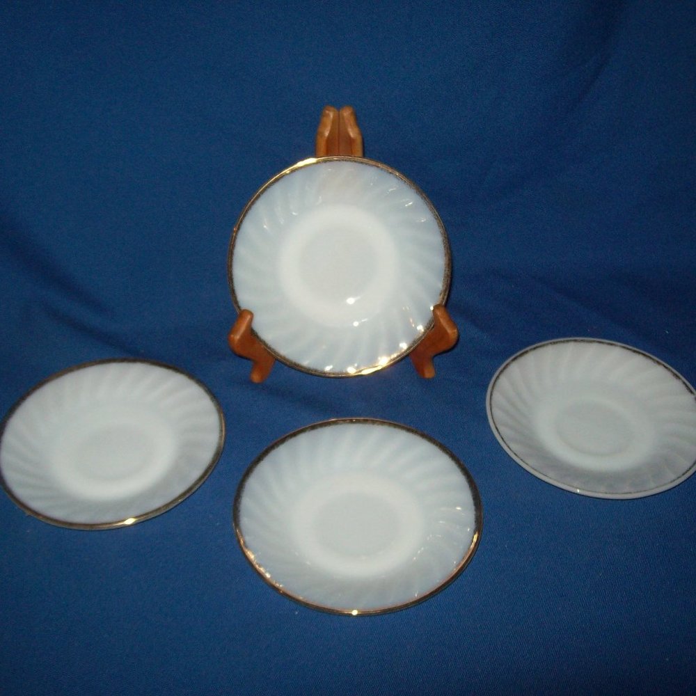 4 Vintage Fire King Anchor Hocking White Swirl - 5-3/4" Saucers Plates Gold Trim